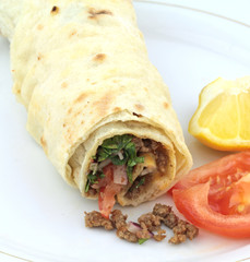Traditional turkish kebap,  Tantuni,  roll with lavash bread