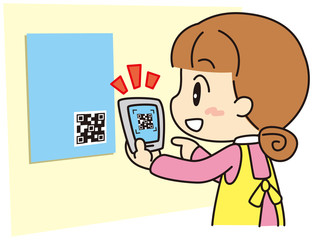 ポスターからQRコードを読み取る女性