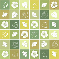 Seamless background with flowers in colored squares.