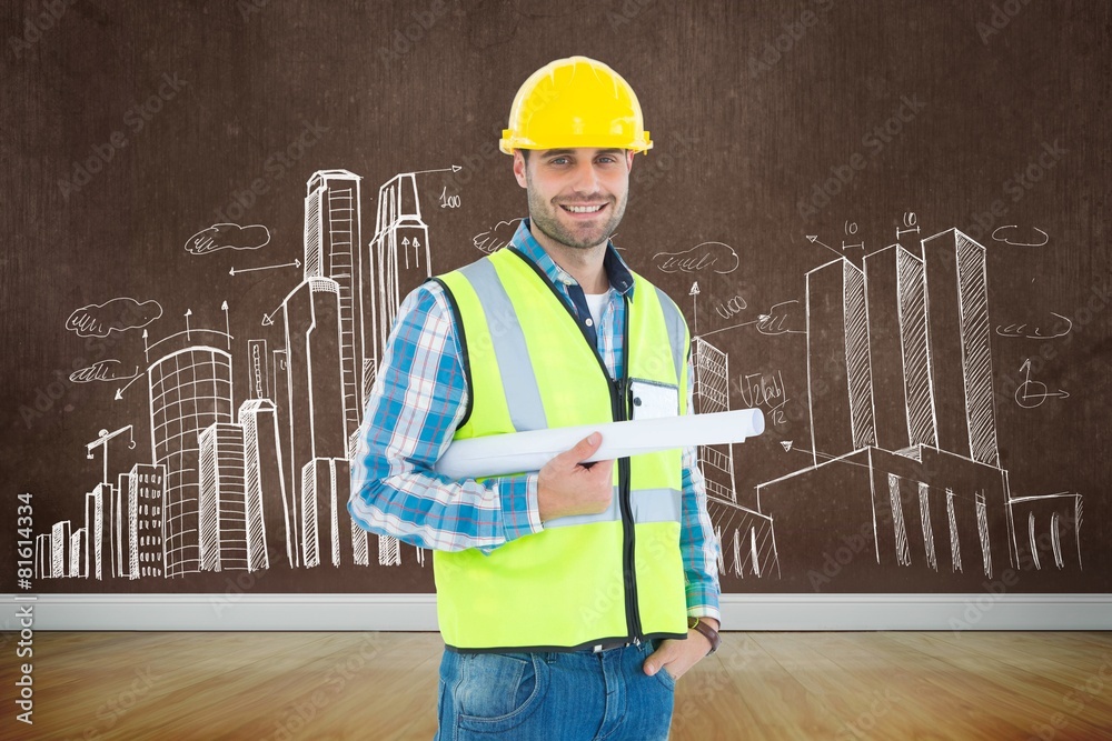 Poster portrait of smiling architect holding blueprint