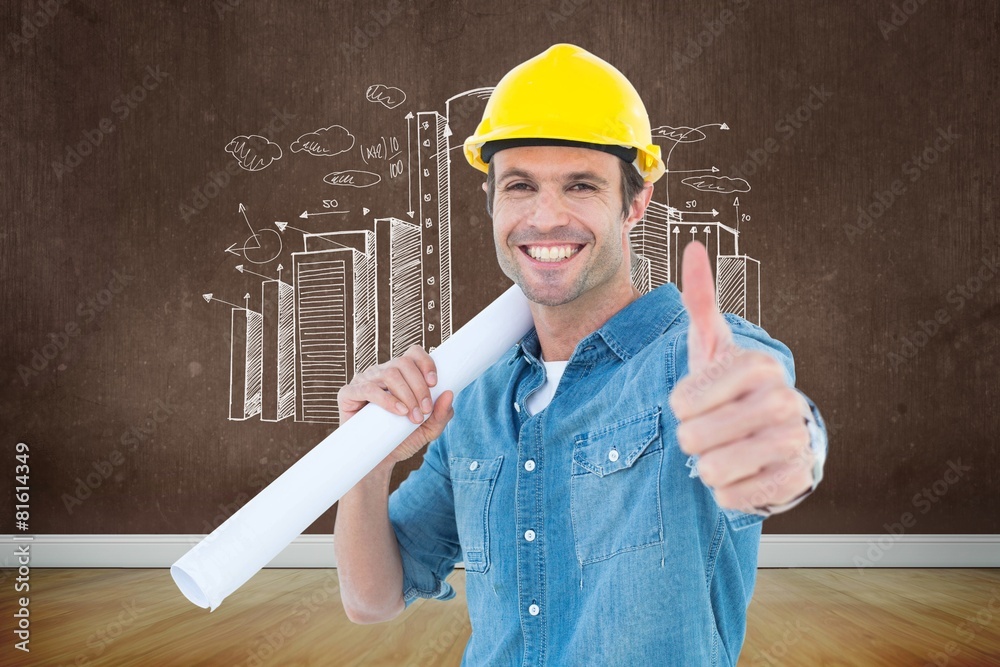 Poster architect holding blueprint while gesturing thumbs up