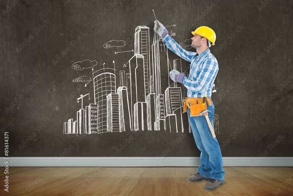 Poster Composite image of construction worker using measure tape