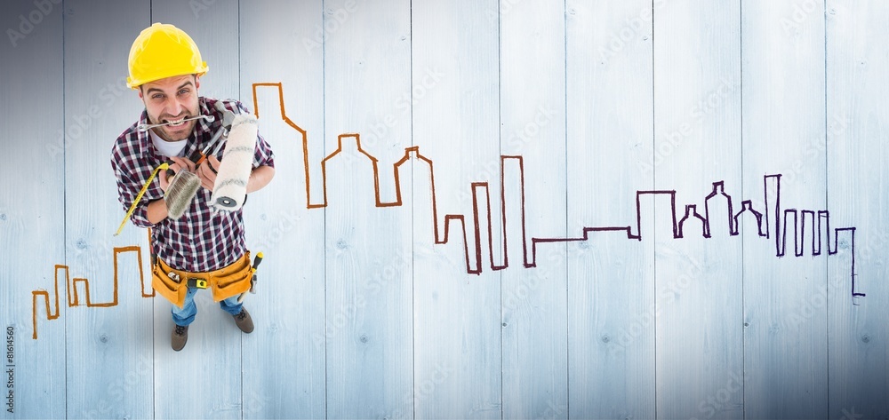 Poster composite image of frustrated handyman holding various tools