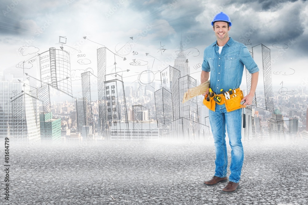 Poster composite image of happy carpenter with wooden planks