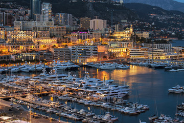 Monaco, top view on the port and the residential area at night