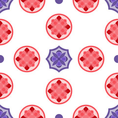 Seamless pattern with floral red and lilac rosettes in circles a