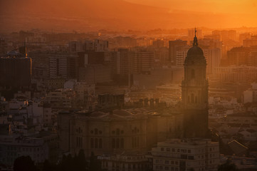 Aerial view of Malaga, Andalusia at sunset