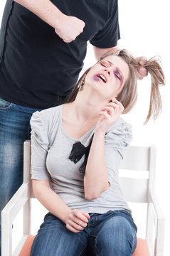Man, husband or boyfriend beating a helpless female or wife