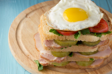 Sandwich with smoked pork, pickles, tomato and fried egg