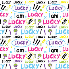 decorative yellow seamless pattern with words "lucky"