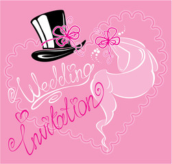 wedding invitation card with wedding veil and groom hat