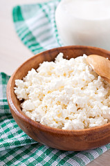 Cottage cheese with apples for breakfast in wooden bowl close up