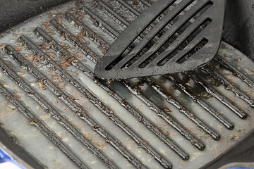 Frying pan with leftover grease close-up