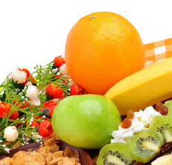 Healthy food. Fresh fruit and dry loaves with curd on a wooden b