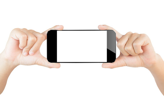 hand show smartphone isolated white clipping path inside