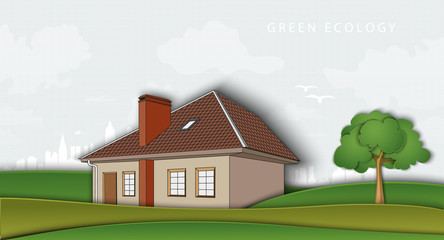 Fototapeta premium green ecology. air without pollution. house in the open field