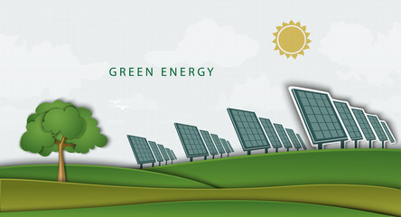 solar panels, batteries, on clean field. concept clean energy