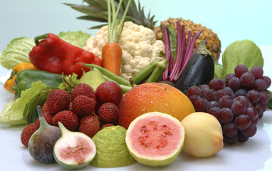 fruits and vegetables on white background