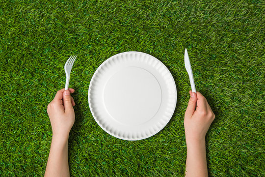 Hands holding fork and knife with plate on grass