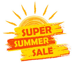 super summer sale with sun sign, yellow and orange drawn label
