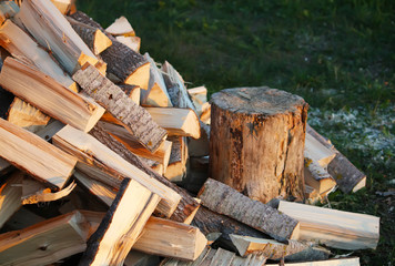 Wooden angel fogure on the tree stump