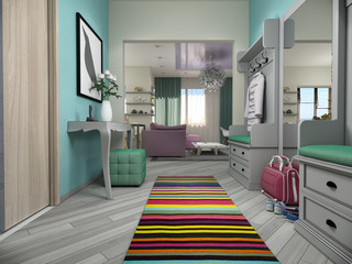 3d illustration of small apartments in pastel colors.Lobby and l