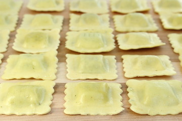 Ravioli arranged in a row