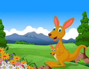 Cartoon kangaroo carrying a cute Joey with landscape background