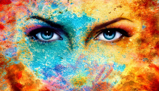 A pair of beautiful blue women eyes beaming, color rust effect,