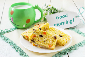 Cake with candied fruit, milk in a mug