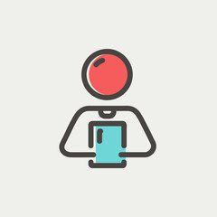 Man holding touch screen tablet thin line icon