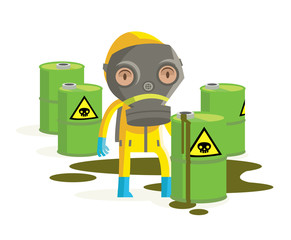 un hombre en traje de seguridad con desechos radioactivos