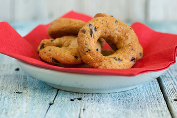 Ring crackers on old wooden table