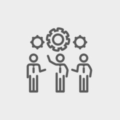 Businessmen holding a gear of machine thin line icon