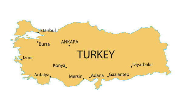 yellow map of Turkey with indication of largest cities