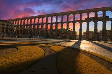 Majestic Sunset Image of the Ancient Aqueduct in Segovia Spain