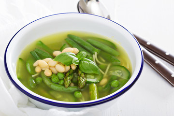 Minestrone soup with spring green vegetables