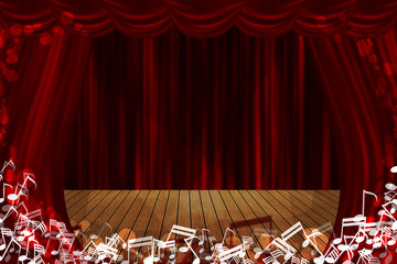 Red curtain stage background with glow note sign