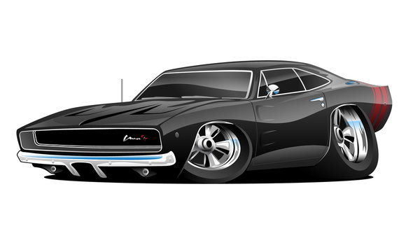 American Muscle Car cartoon isolated vector illustration, big tires and  chrome rims, shiny black paint, cool low aggressive stance Stock Vector |  Adobe Stock