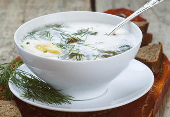 sorrel soup with meat and eggs in a bowl