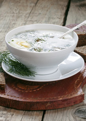 sorrel soup with meat and eggs in a bowl