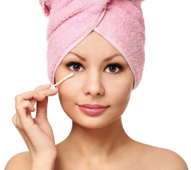 Woman with cotton swab , isolated. Skincare