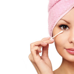 Woman with cotton swab , isolated. Skincare. Beautiful