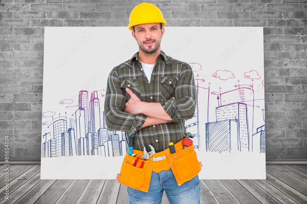 Poster Composite image of manual worker with tool belt