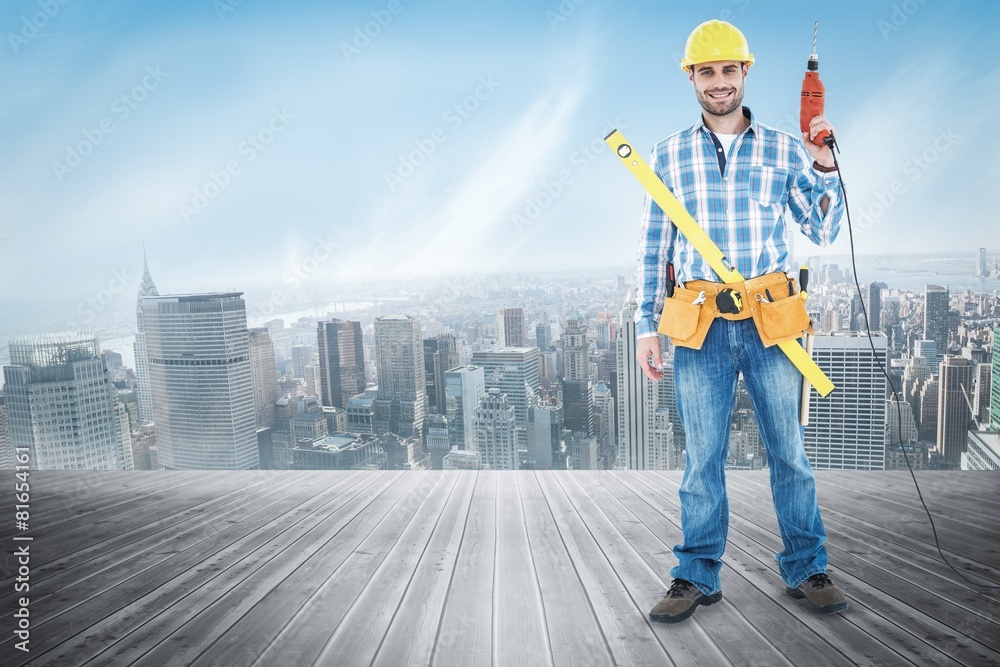 Poster composite image of portrait of smiling repairman with tools