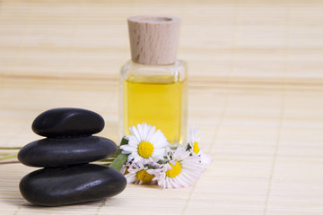 oil, daisies and stones on wooden background