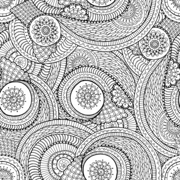 Seamless asian ethnic floral doodle black and white pattern