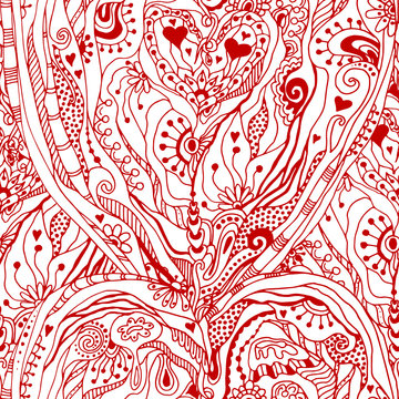 Romantic seamless pattern with doodle and hearts.