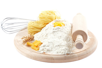 Baking ingredients for cooking on white background.