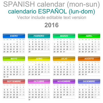 2016 Calendar Spanish Language Version Mon - Sun